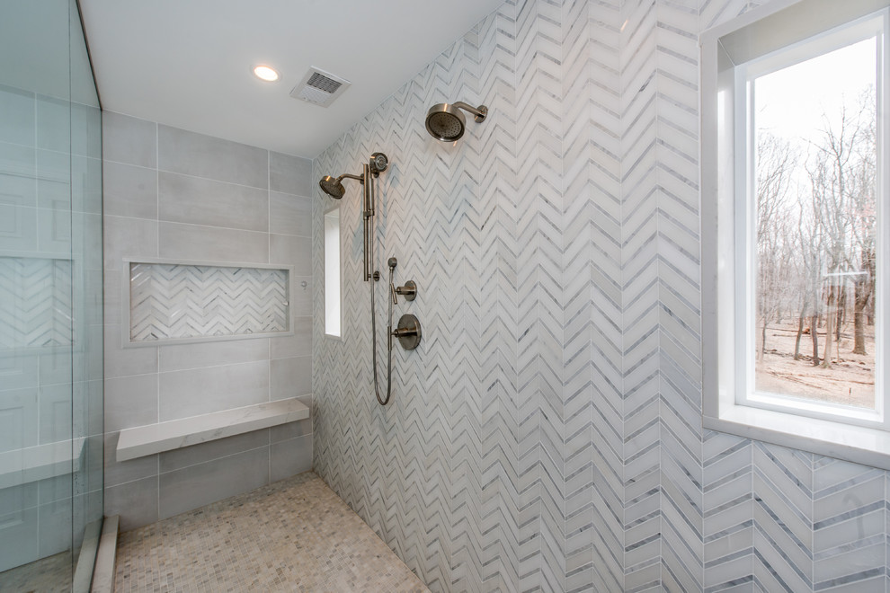 Small vintage ensuite bathroom in DC Metro with blue cabinets, an alcove shower, porcelain tiles, grey walls, porcelain flooring, multi-coloured floors and a sliding door.