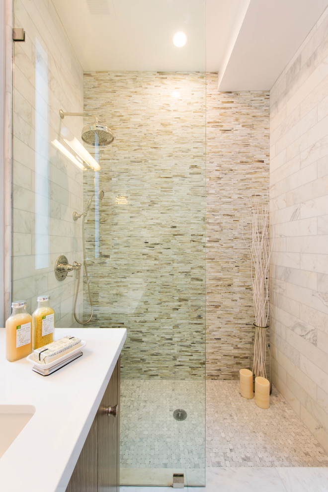 Transitional 3/4 multicolored tile and stone tile marble floor bathroom photo in San Francisco with an undermount sink, flat-panel cabinets, medium tone wood cabinets, a two-piece toilet and white walls
