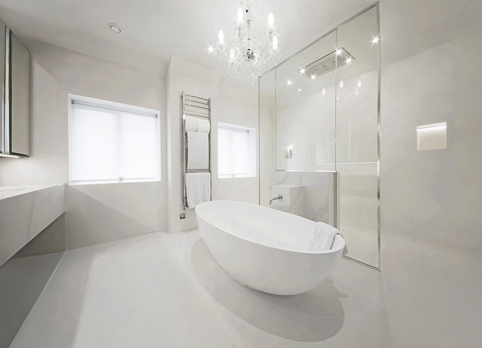 Immagine di una stanza da bagno padronale design di medie dimensioni con doccia a filo pavimento e pavimento bianco