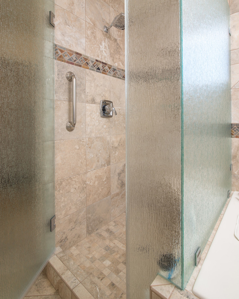 Inspiration for a mid-sized timeless master beige tile and ceramic tile ceramic tile doorless shower remodel in San Diego with an undermount sink, raised-panel cabinets, light wood cabinets, granite countertops, an undermount tub, a one-piece toilet and blue walls