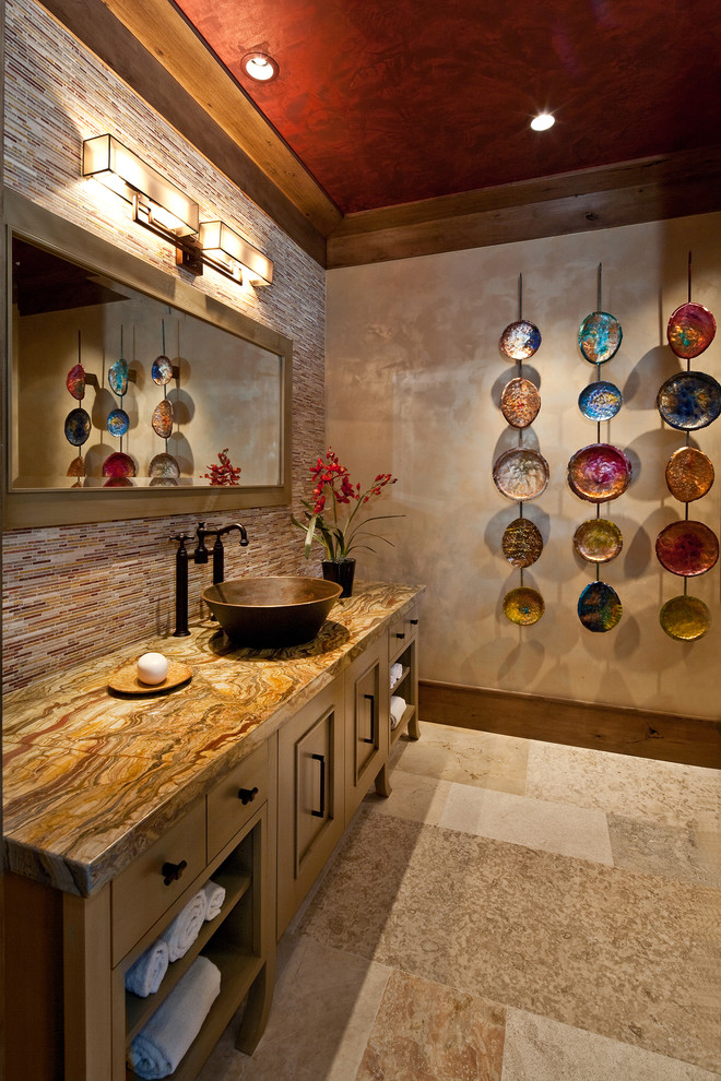 Bathroom - contemporary bathroom idea in Salt Lake City with a vessel sink and brown countertops