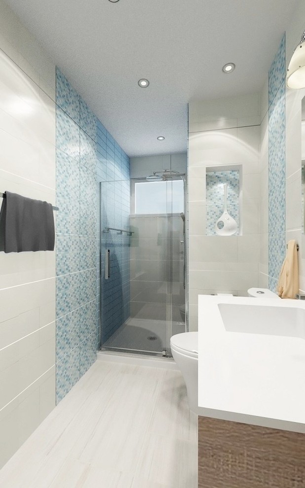 Idéer för ett litet modernt vit badrum med dusch, med möbel-liknande, skåp i ljust trä, en kantlös dusch, en bidé, flerfärgad kakel, mosaik, vita väggar, ljust trägolv, ett nedsänkt handfat, laminatbänkskiva, brunt golv och dusch med gångjärnsdörr