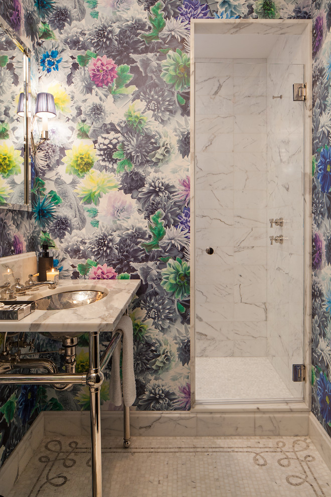 Inspiration for a small transitional white tile and stone tile mosaic tile floor alcove shower remodel in New York with a console sink, marble countertops and multicolored walls