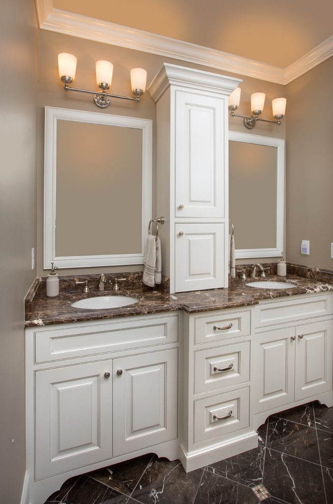 This is an example of a medium sized classic family bathroom in Columbus with a submerged sink, beaded cabinets, white cabinets, marble worktops, a walk-in shower, grey tiles, stone tiles, grey walls and marble flooring.