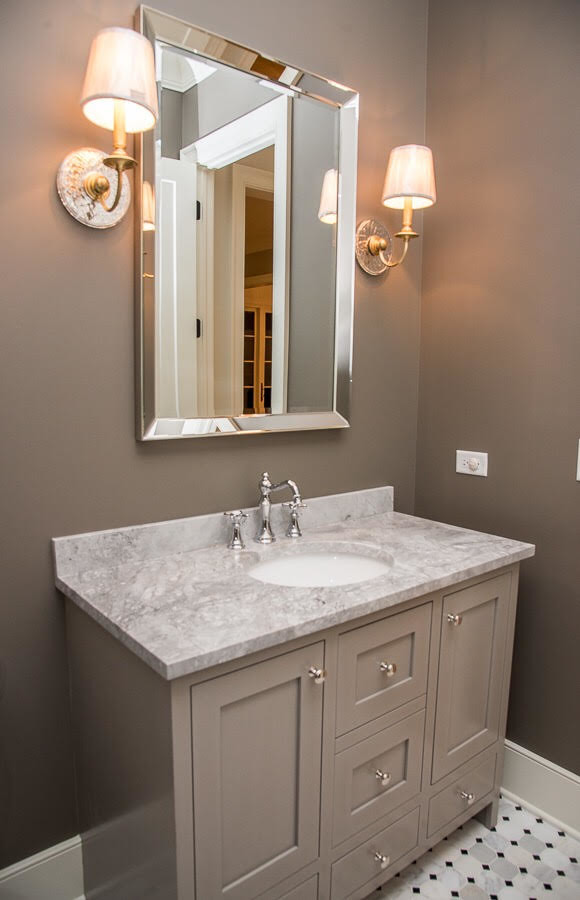 Example of a transitional gray floor and marble floor bathroom design in Chicago with gray cabinets, an undermount sink, quartzite countertops, shaker cabinets and brown walls