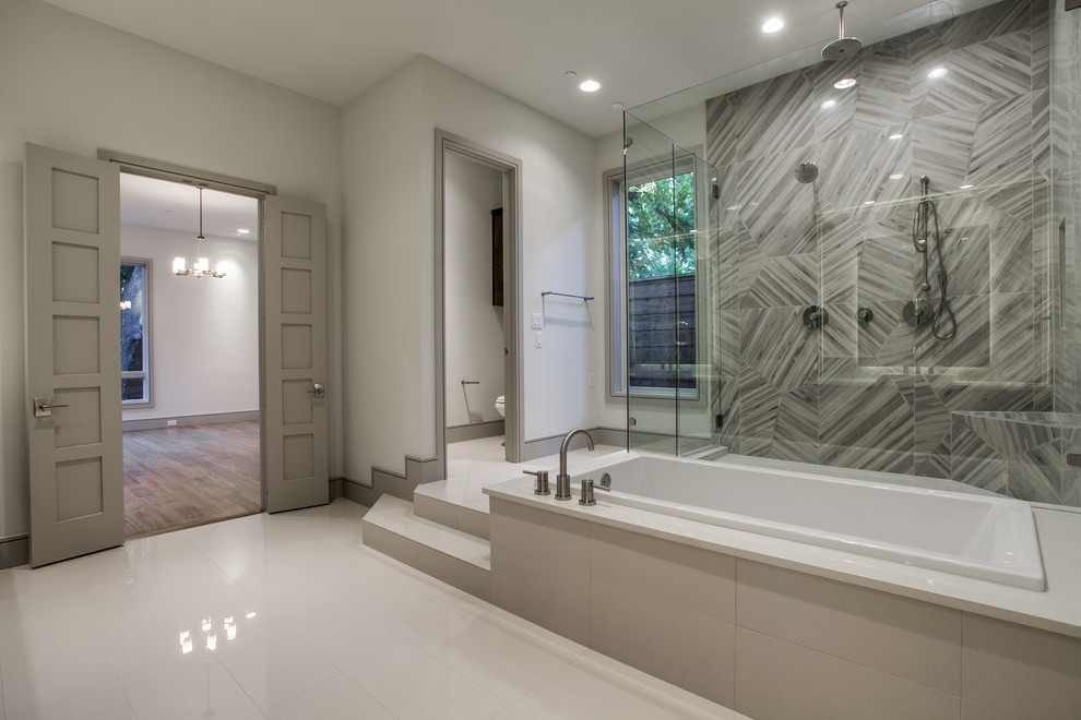 Inspiration for a huge modern master gray tile and glass tile ceramic tile bathroom remodel in Dallas with flat-panel cabinets, dark wood cabinets, a one-piece toilet, white walls, a vessel sink and quartz countertops