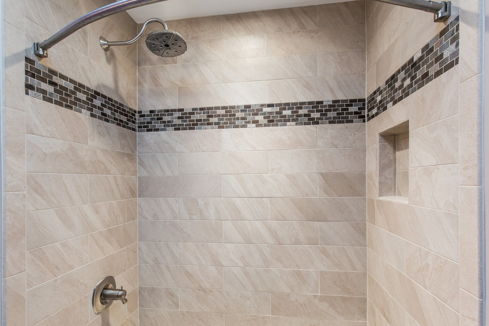 Medium sized traditional family bathroom in DC Metro with flat-panel cabinets, white cabinets, an alcove bath, an alcove shower, a two-piece toilet, beige tiles, porcelain tiles, pink walls, porcelain flooring, a submerged sink, granite worktops, multi-coloured floors and a shower curtain.