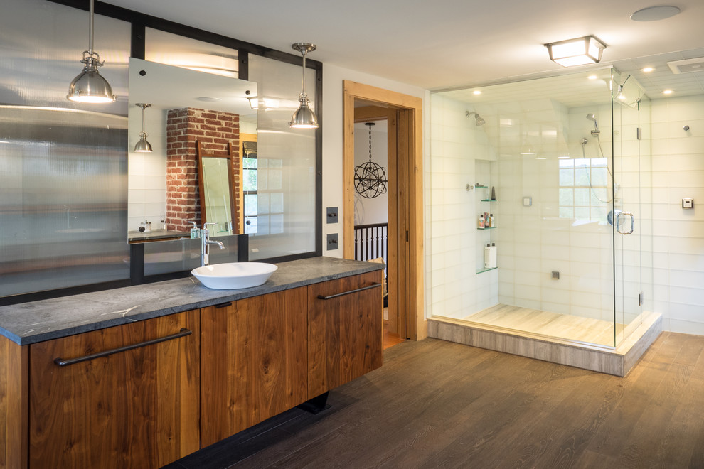 Mid-sized mountain style 3/4 white tile and porcelain tile marble floor and white floor bathroom photo in Philadelphia with open cabinets, medium tone wood cabinets, a one-piece toilet, white walls, an integrated sink, quartz countertops and a hinged shower door