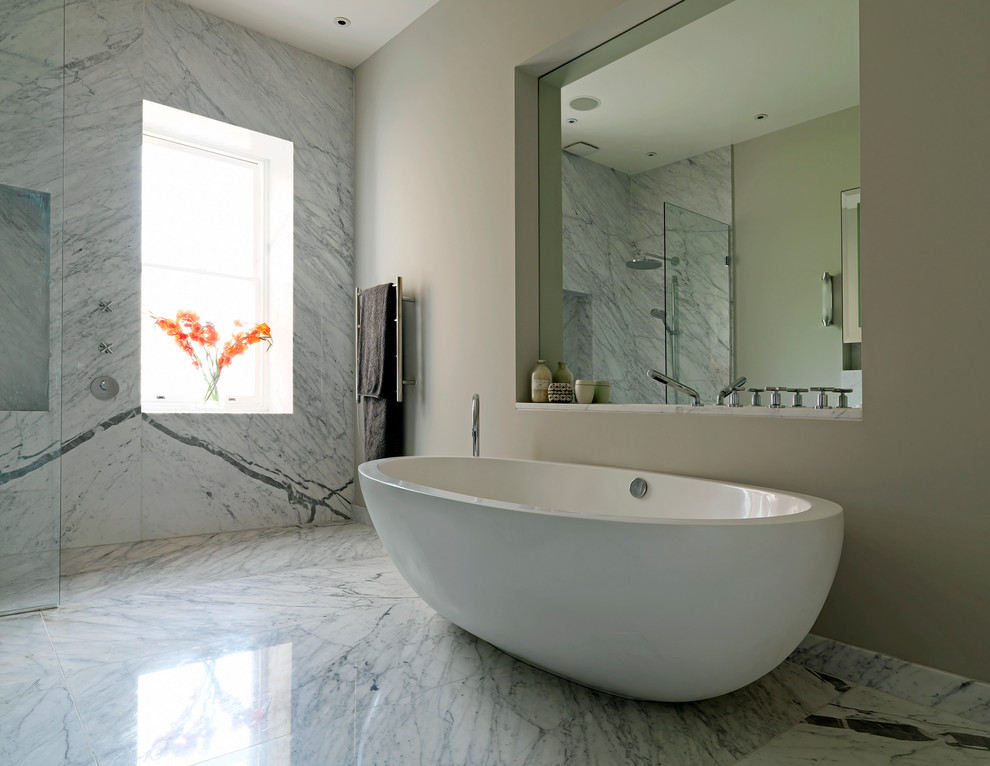 Design ideas for a contemporary bathroom in London with a freestanding bath.