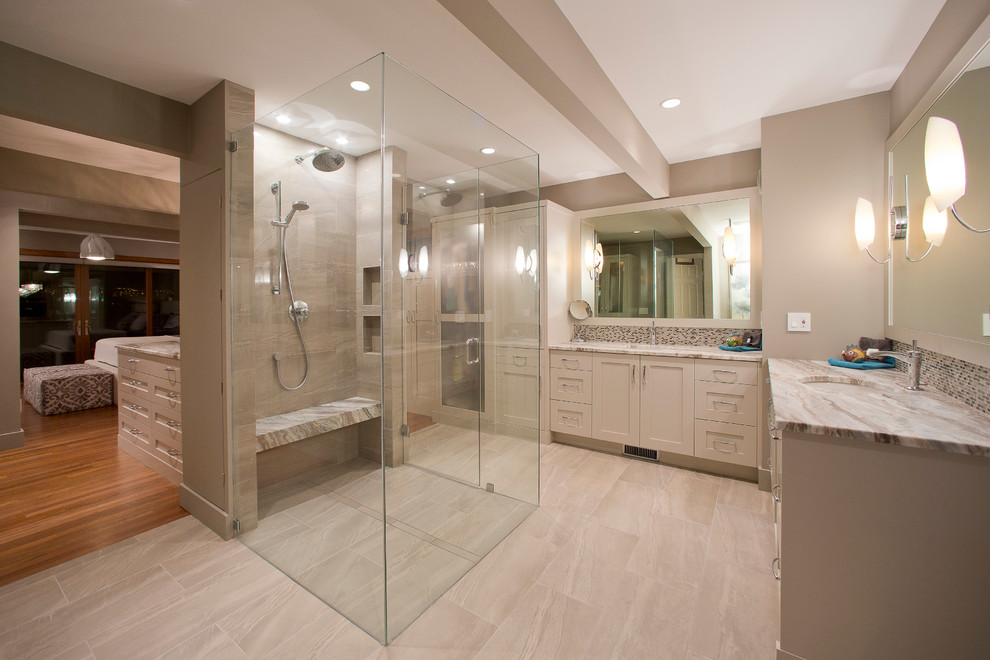 Bathroom - large contemporary master gray tile and mosaic tile marble floor bathroom idea in Vancouver with shaker cabinets, white cabinets, marble countertops, beige walls and an undermount sink