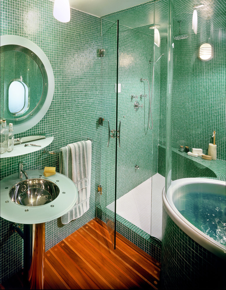 Foto di una stanza da bagno boho chic con lavabo a colonna