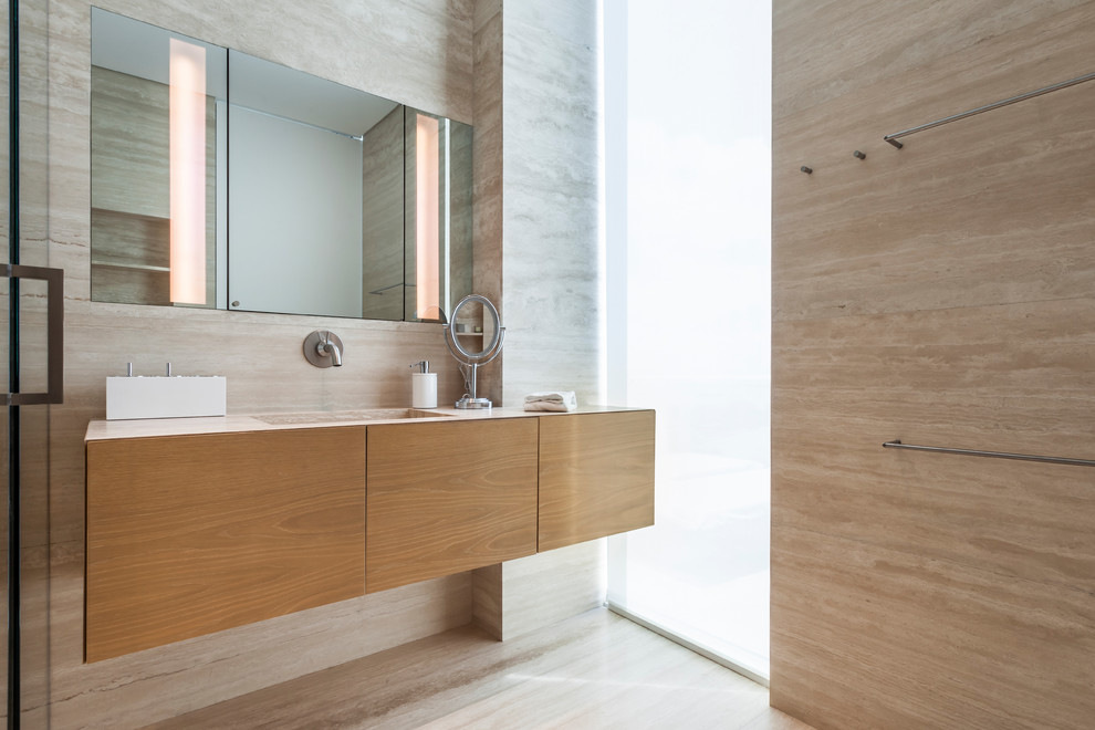 Photo of a medium sized contemporary shower room bathroom in Miami with flat-panel cabinets, medium wood cabinets, beige tiles, beige walls, an integrated sink, beige floors, engineered stone worktops, a hinged door and white worktops.