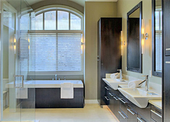 Large transitional master white tile and ceramic tile ceramic tile bathroom photo in Vancouver with flat-panel cabinets, dark wood cabinets, a one-piece toilet, beige walls, a trough sink and granite countertops