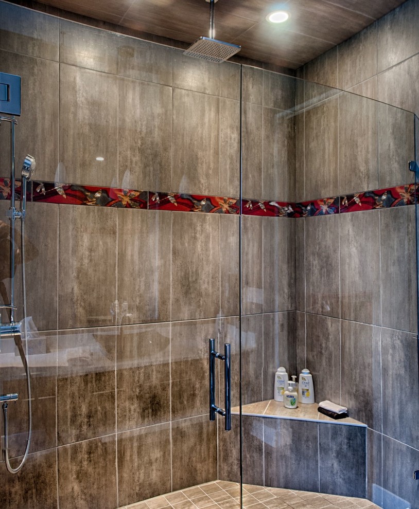 Mid-sized minimalist 3/4 red tile and ceramic tile concrete floor doorless shower photo in Vancouver with flat-panel cabinets, gray cabinets, gray walls and granite countertops