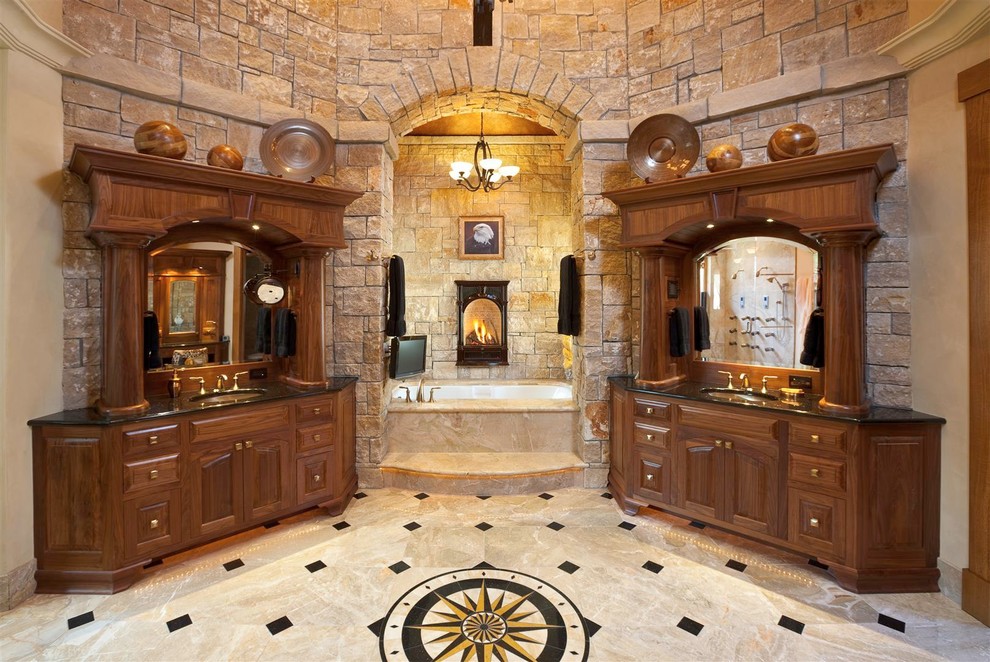 Идея дизайна: главная ванная комната в стиле рустика с фасадами цвета дерева среднего тона, полновстраиваемой ванной, врезной раковиной и фасадами с выступающей филенкой
