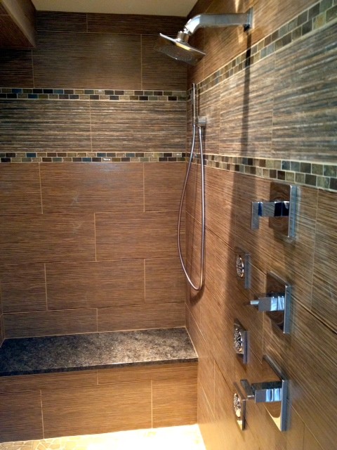 This is an example of a modern bathroom in Baltimore with an alcove shower and ceramic tiles.