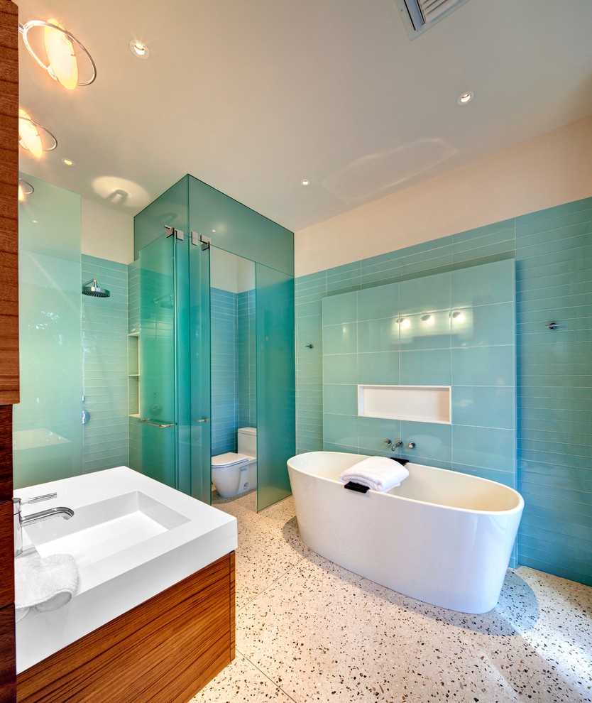 Design ideas for a contemporary bathroom in Tampa with a freestanding bath and an enclosed toilet.