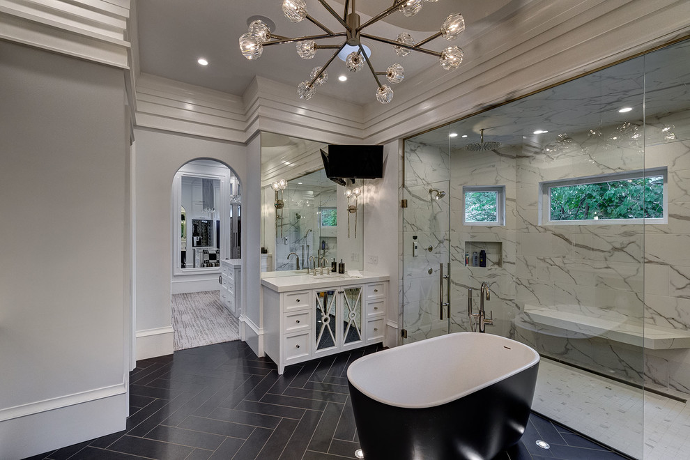 Inspiration for a traditional ensuite bathroom in Chicago with flat-panel cabinets, white cabinets, a built-in shower, ceramic flooring, a submerged sink, engineered stone worktops, black floors, a hinged door and white worktops.