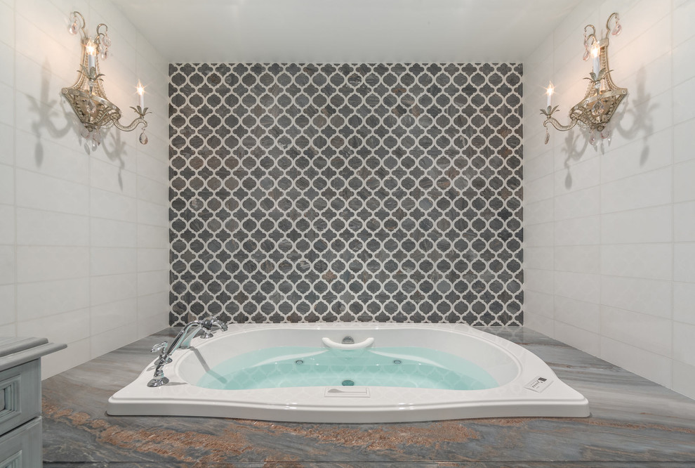 Inspiration for a small timeless multicolored tile and ceramic tile marble floor tub/shower combo remodel in New York with a hot tub and multicolored walls