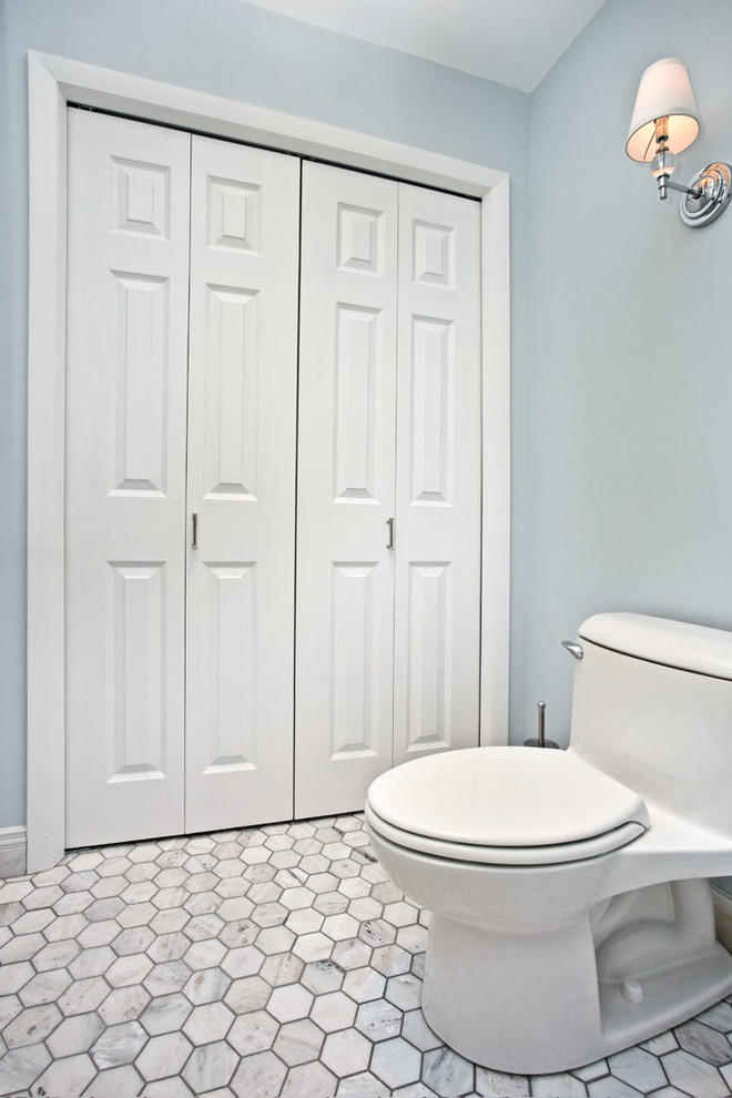 Modelo de cuarto de baño principal tradicional con baldosas y/o azulejos multicolor, paredes azules, suelo con mosaicos de baldosas y sanitario de una pieza