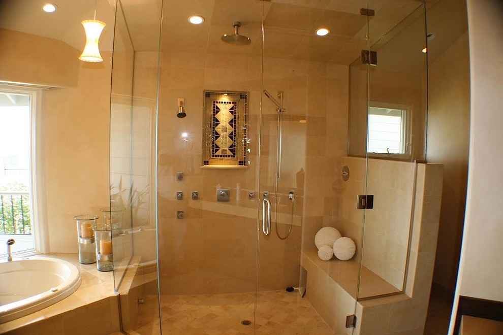This is an example of a large contemporary ensuite bathroom in San Francisco with a built-in bath, an alcove shower, beige tiles, travertine tiles, beige walls, ceramic flooring, beige floors and a hinged door.