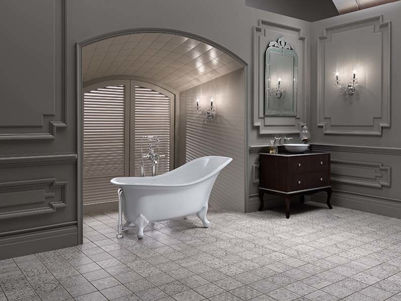 Foto på ett stort vintage en-suite badrum, med ett fristående handfat, skåp i mörkt trä, granitbänkskiva, ett badkar med tassar, grå kakel, keramikplattor, grå väggar och klinkergolv i keramik