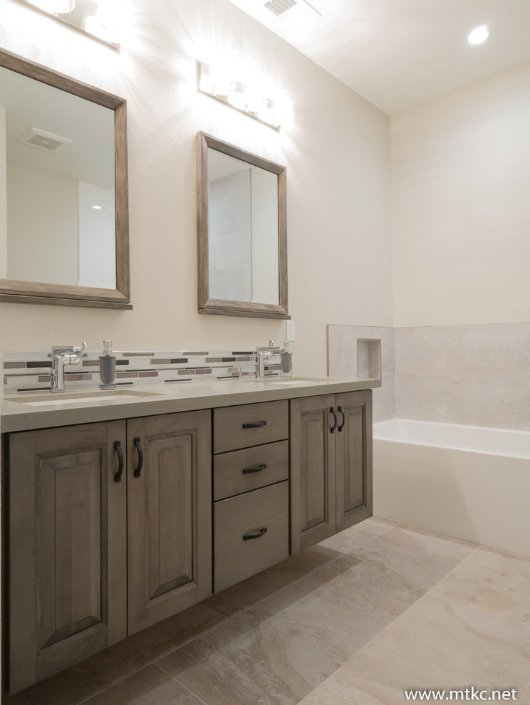 Example of a trendy master bathroom design in San Francisco with raised-panel cabinets, gray cabinets, quartz countertops and green countertops