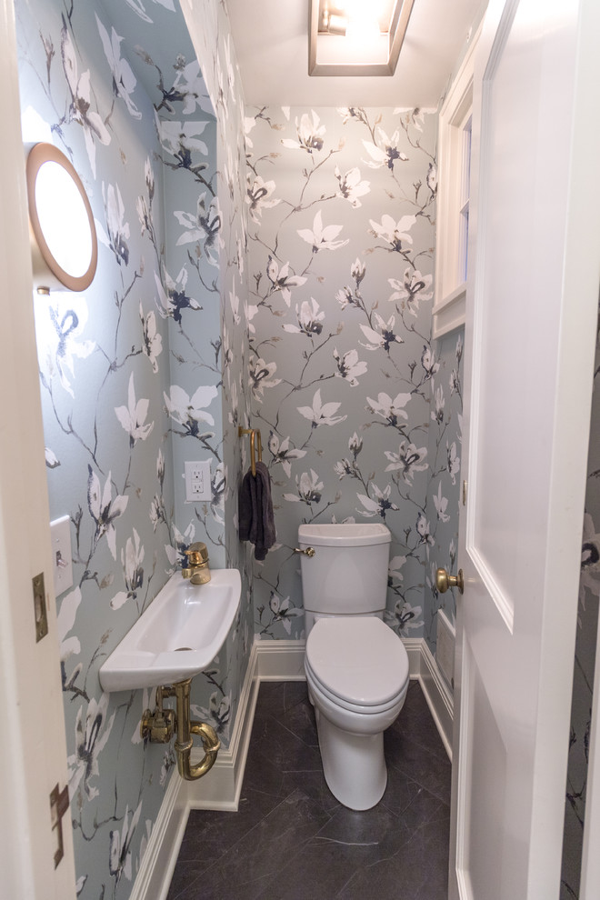Small transitional powder room photo in Minneapolis with a one-piece toilet and multicolored walls