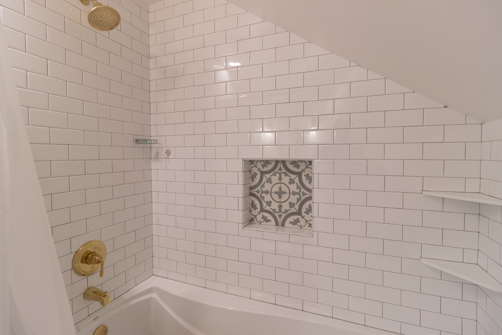 Example of a transitional white tile and subway tile cement tile floor and multicolored floor bathroom design in Minneapolis with white cabinets, a one-piece toilet, beige walls, an undermount sink, marble countertops and white countertops