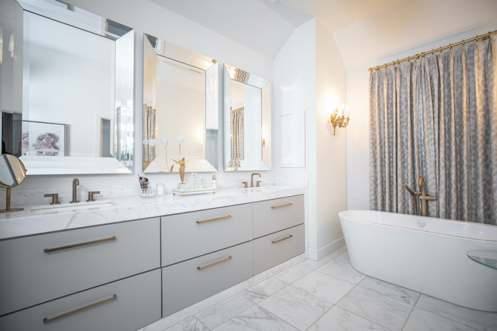 Photo of a classic ensuite bathroom in Other with white cabinets, white tiles, marble tiles, marble worktops, white worktops, double sinks and a built in vanity unit.