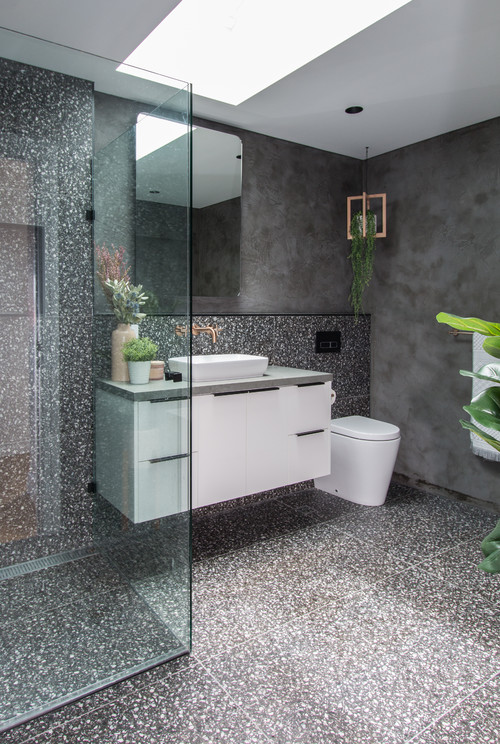 Speckled-Finish Gray Tiles and Indoor Plants