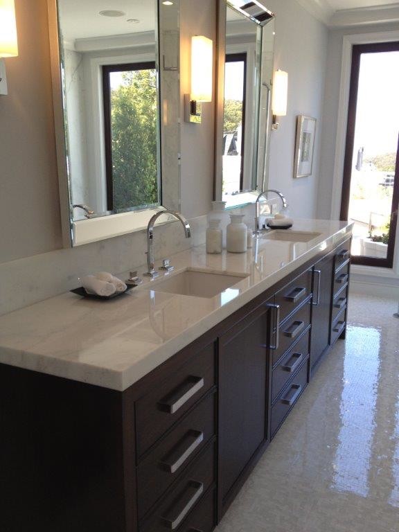 Example of a small classic master beige tile and matchstick tile marble floor tub/shower combo design in San Francisco with flat-panel cabinets, dark wood cabinets, a two-piece toilet, white walls, an undermount sink and marble countertops