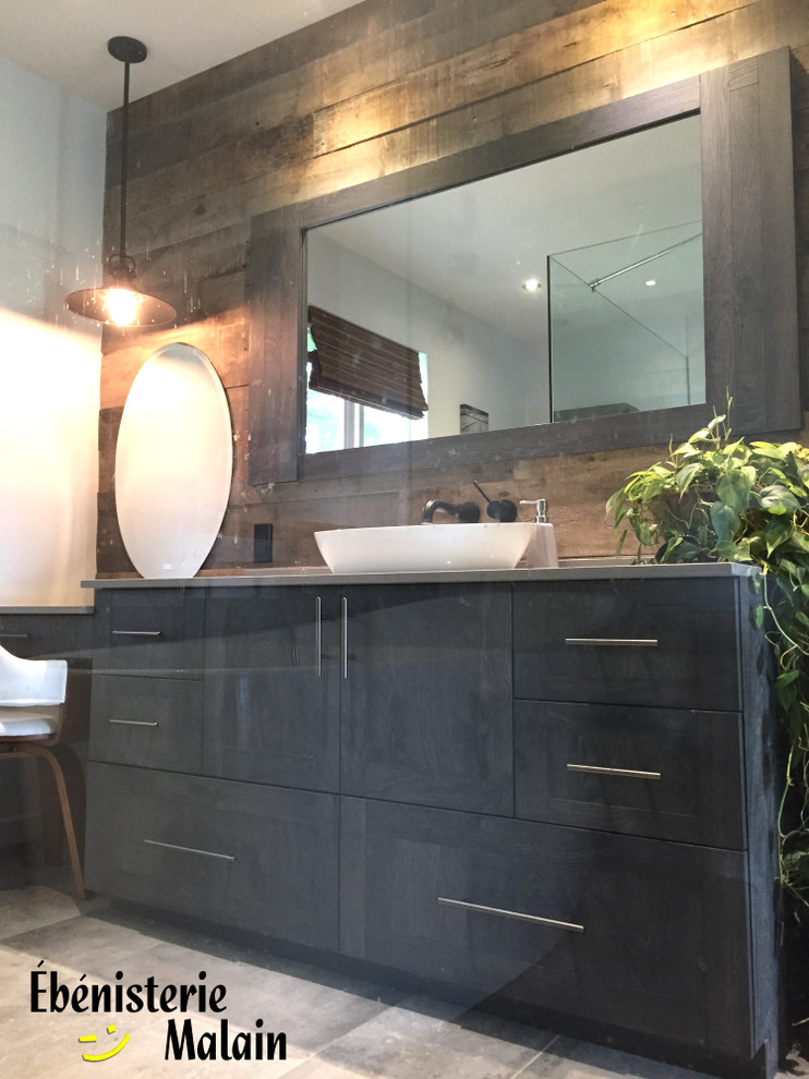 This is an example of a medium sized modern ensuite bathroom in Other with a vessel sink, flat-panel cabinets, grey cabinets, quartz worktops, grey tiles, ceramic tiles, brown walls and dark hardwood flooring.
