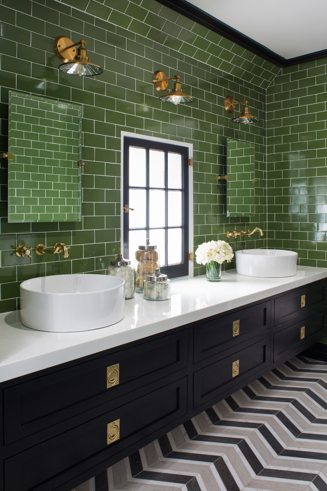 Transitional master green tile and subway tile multicolored floor bathroom photo in Los Angeles with shaker cabinets, black cabinets, green walls and a vessel sink