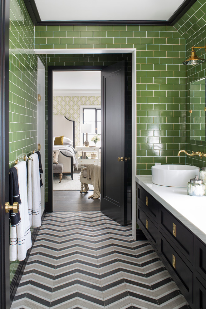 Medium sized classic family bathroom in Los Angeles with shaker cabinets, black cabinets, an alcove shower, a one-piece toilet, green tiles, porcelain tiles, green walls, marble flooring, a vessel sink, engineered stone worktops, multi-coloured floors and a hinged door.
