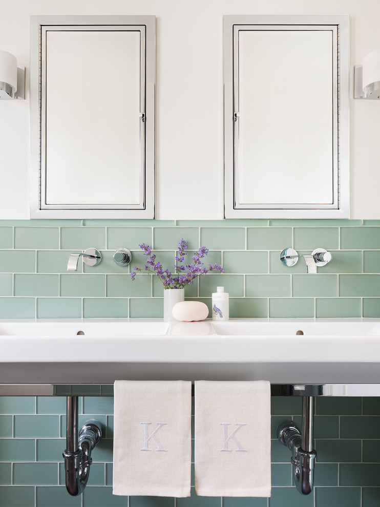 Inspiration for a timeless green tile and glass tile bathroom remodel in Boston with a wall-mount sink