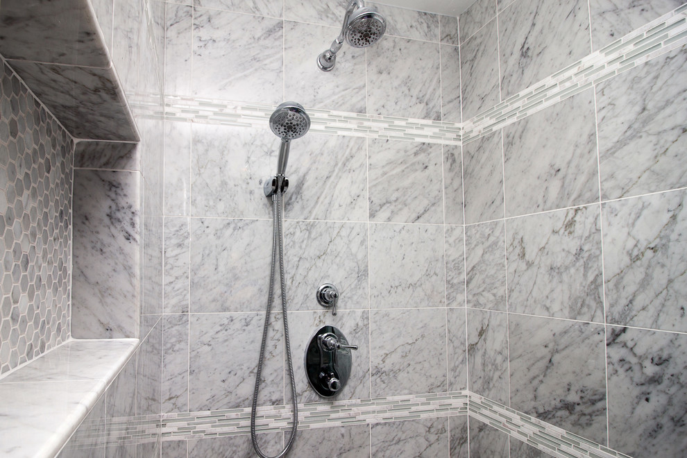 Large traditional ensuite bathroom in Houston with an alcove shower, grey tiles, mosaic tiles and marble flooring.