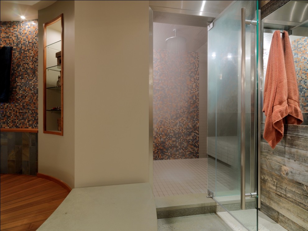 Design ideas for a rustic bathroom in Burlington with mosaic tiles.