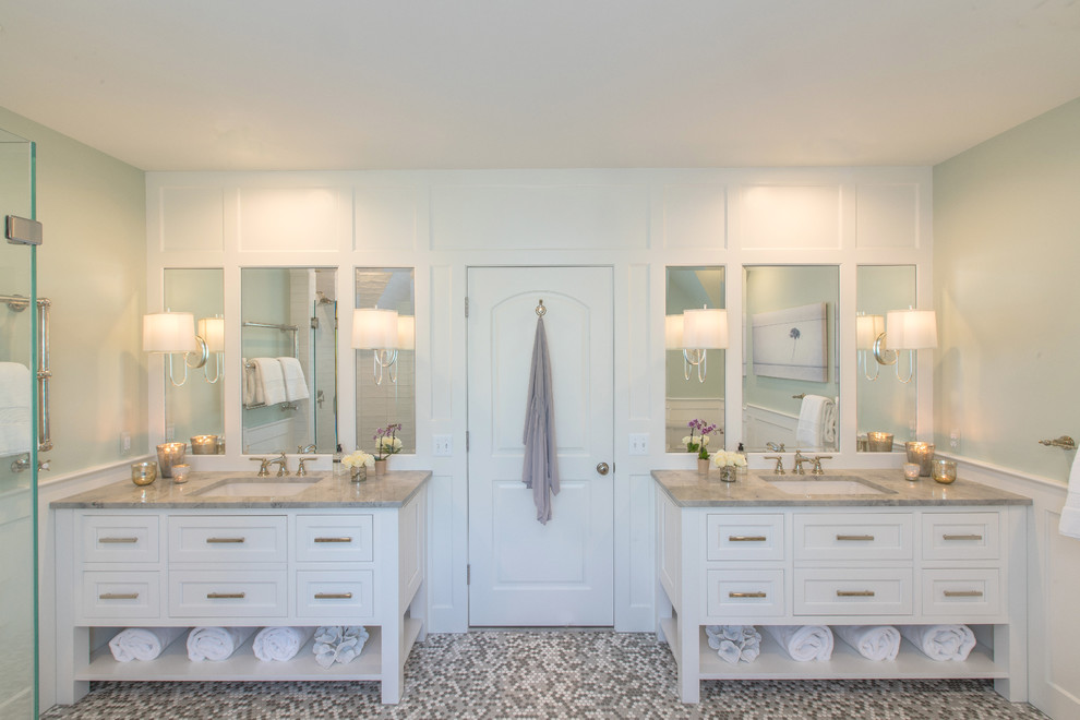 Mid-sized transitional master white tile and subway tile mosaic tile floor and multicolored floor bathroom photo in Detroit with furniture-like cabinets, white cabinets, a two-piece toilet, green walls, an undermount sink, quartzite countertops, a hinged shower door and gray countertops