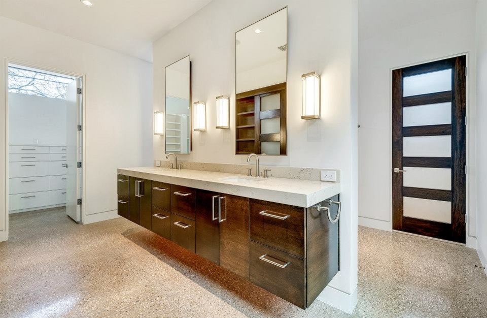 Huge minimalist kids' cement tile concrete floor bathroom photo in Dallas with an undermount sink, quartz countertops and beige walls