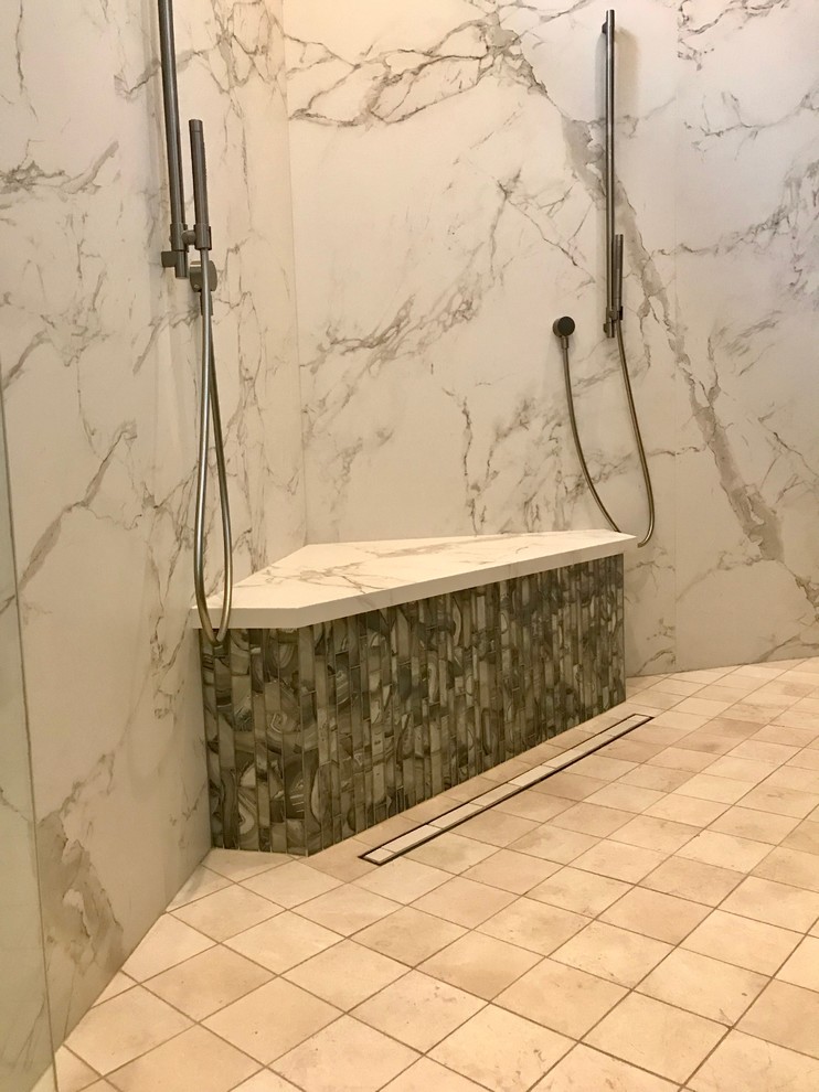 Quartz Shower Bench with Glazzio Detail Contemporary Bathroom