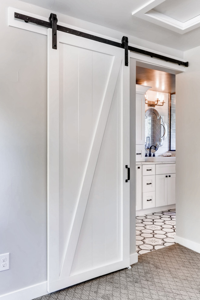 Alcove shower - mid-sized country master gray tile and ceramic tile cement tile floor, double-sink and shiplap wall alcove shower idea in Denver with shaker cabinets, white cabinets, white walls, a vessel sink, quartz countertops, a hinged shower door, white countertops and a built-in vanity