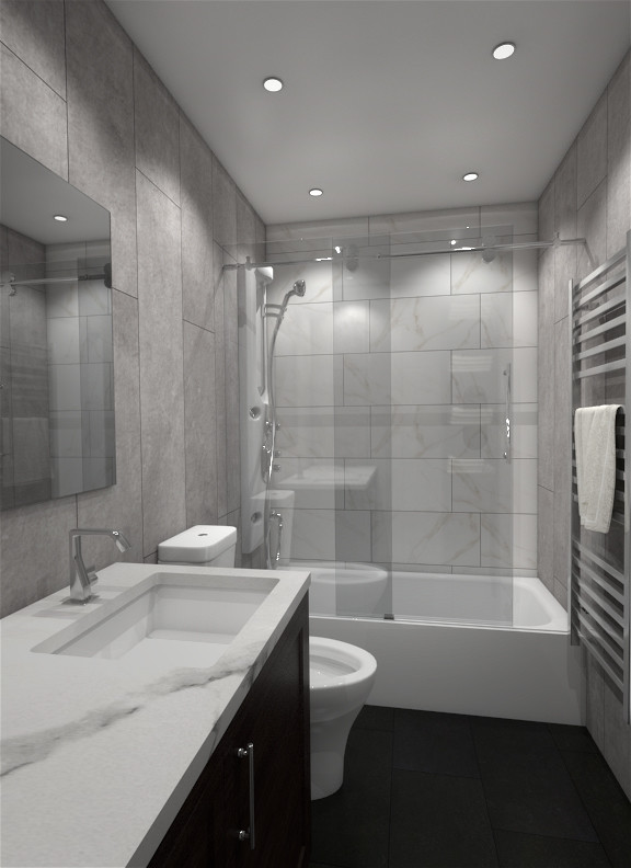 Aménagement d'une salle de bain principale contemporaine en bois foncé de taille moyenne avec un placard à porte plane, un combiné douche/baignoire, WC à poser, un carrelage gris, des carreaux de céramique, un mur gris, un lavabo encastré et un plan de toilette en marbre.