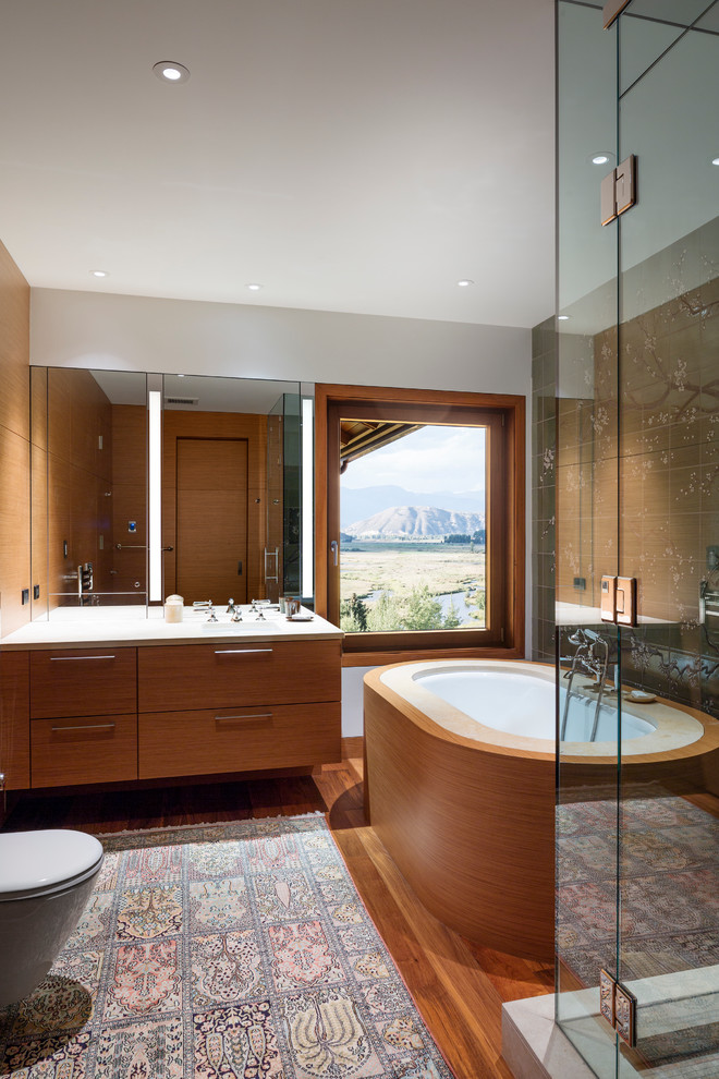 Foto de cuarto de baño contemporáneo con armarios con paneles lisos y puertas de armario de madera oscura