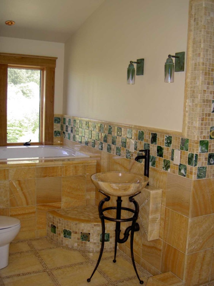 Alcove bathtub - mid-sized eclectic master yellow tile porcelain tile alcove bathtub idea in San Luis Obispo with a pedestal sink, a two-piece toilet and white walls