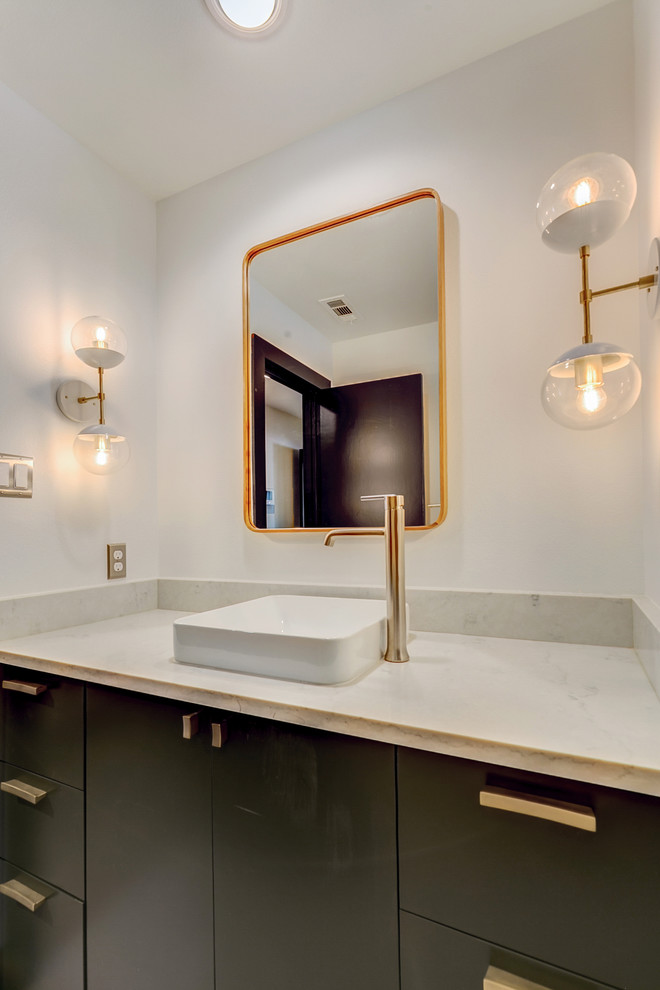 Inspiration for a medium sized contemporary family bathroom in Dallas with flat-panel cabinets, green cabinets, an alcove bath, a one-piece toilet, white tiles, ceramic tiles, white walls, ceramic flooring, a vessel sink, quartz worktops and grey floors.