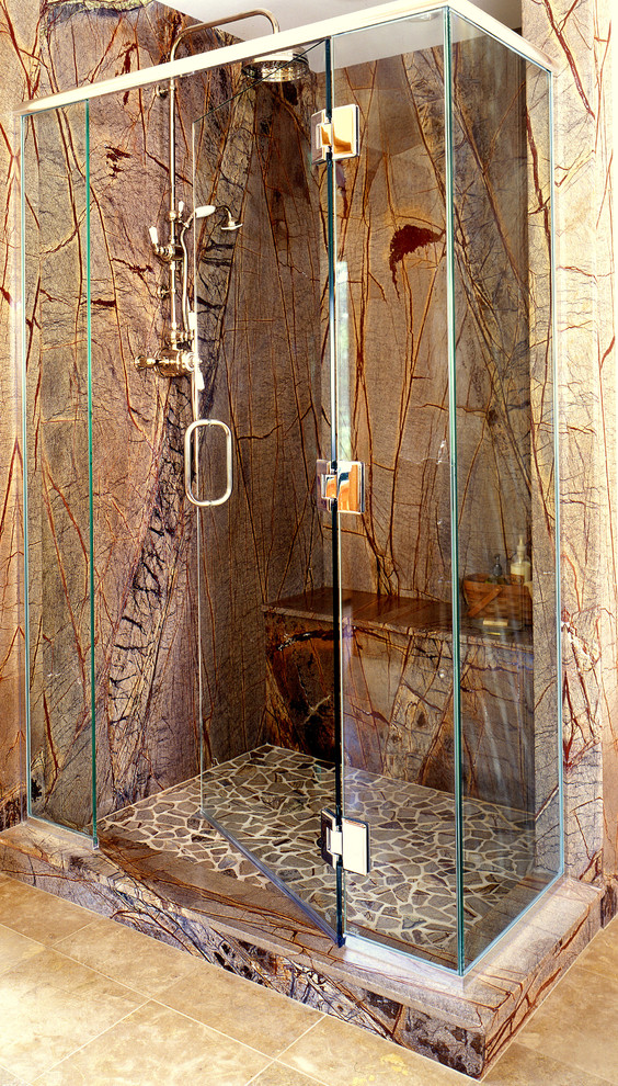 Rainforest Brown Slab Shower Traditional Bathroom Portland Maine