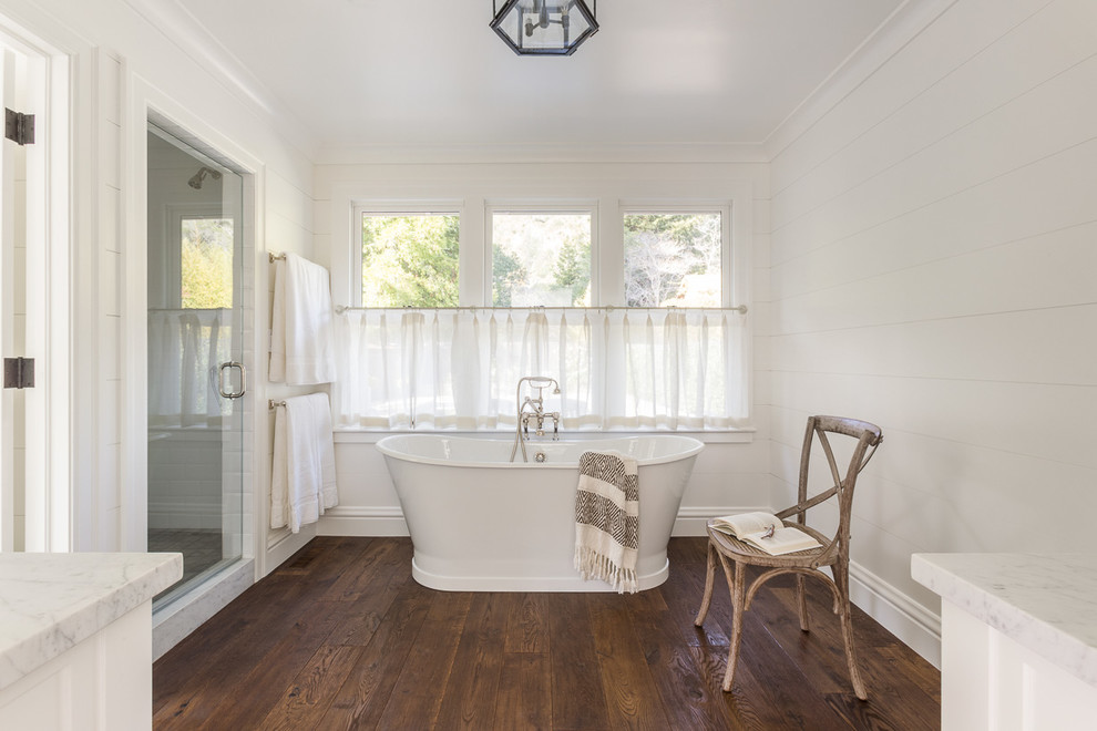 Example of a mid-sized classic kids' white tile and porcelain tile marble floor bathroom design in San Francisco with medium tone wood cabinets, a one-piece toilet, white walls, an undermount sink and marble countertops