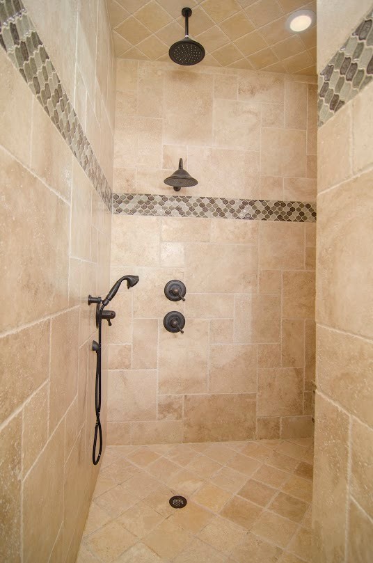 Large rustic ensuite bathroom in Dallas with a double shower, beige tiles and beige walls.