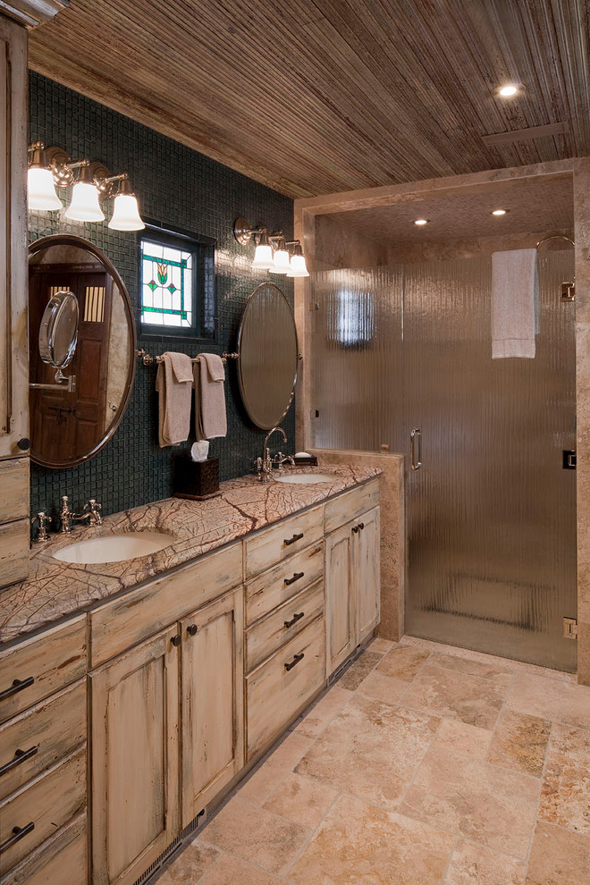 Design ideas for a rustic bathroom in Austin with a built-in shower and feature lighting.